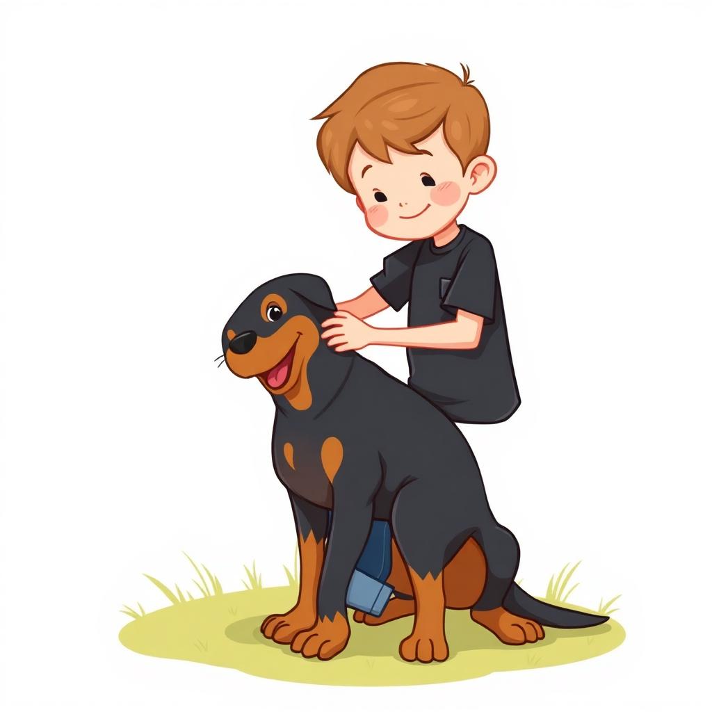 A friendly boy gently training a happy Rottweiler dog
